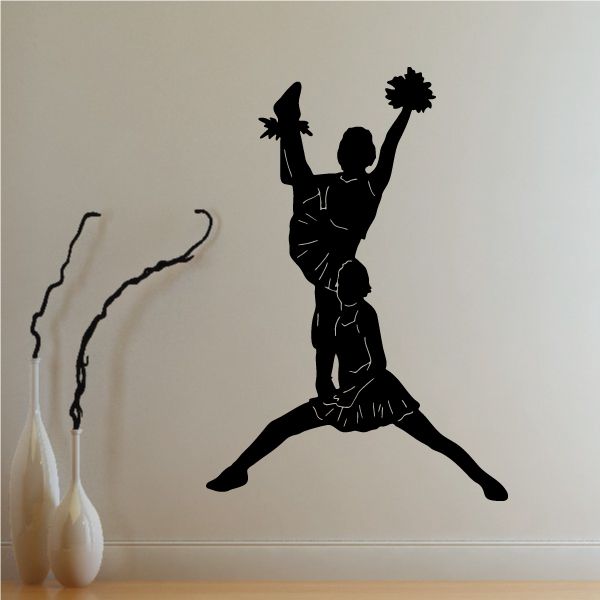 Cheerleading cheer wall decal of black cheerleader silhouette with pom-poms and skirt