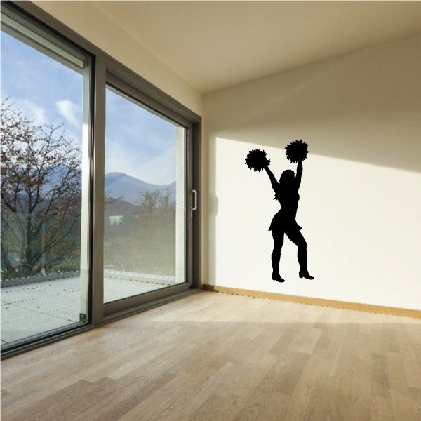 Cheerleading wall decal of a cheering cheerleader silhouette with pom-poms