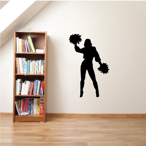 Cheerleader wall decal: black silhouette cheerleader holding pom-poms