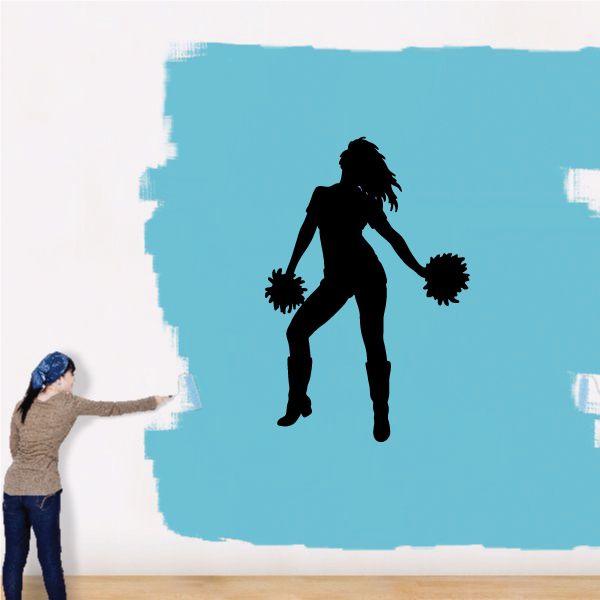 Cheerleading cheer wall decal with black cheerleader silhouette and pom-poms