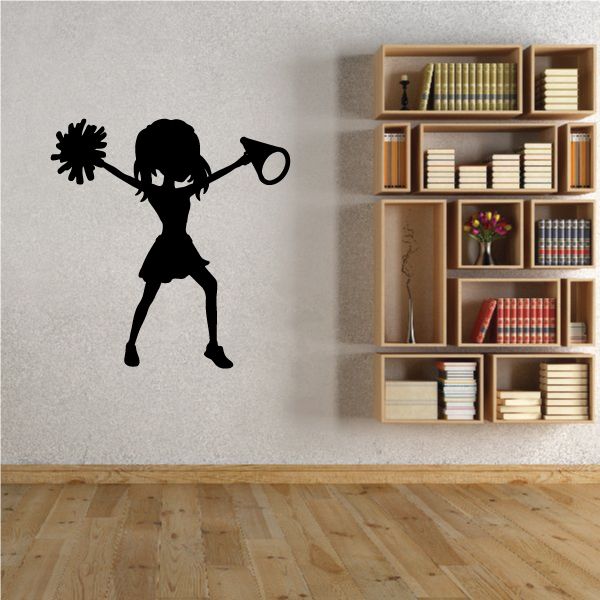 Cheerleading wall decal vinyl with black cheerleader silhouette holding pom-poms