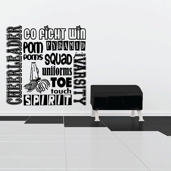 Cheerleading collage wall decal with black typography slogans and ribbon shapes