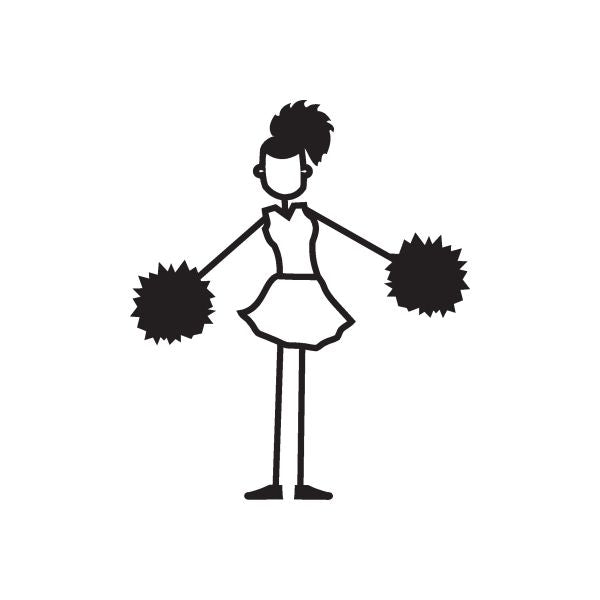 Cheerleading girl wall decal with both arms out and pom-poms, black and white silhouette