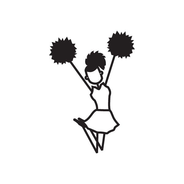 Cheerleading girl jumping decal with black pom-poms and skirt
