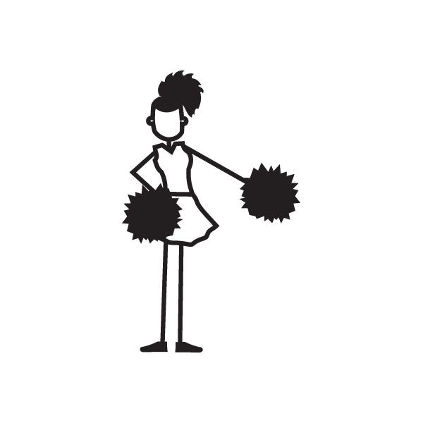 Cheerleading girl decal, black silhouette with skirt, left arm out, holding pom-poms