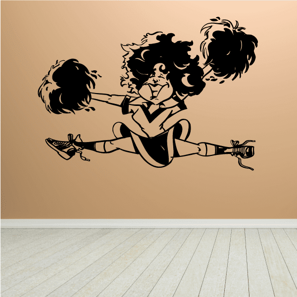 Cheerleading wall decal of cheerleader in mid-cheer with black pom-poms