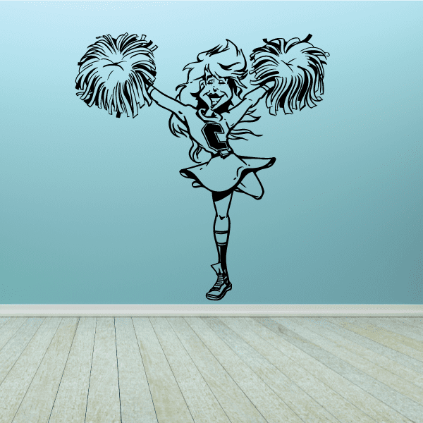 Cheerleading wall decal of cheering cheerleader with pom-poms, dark outline