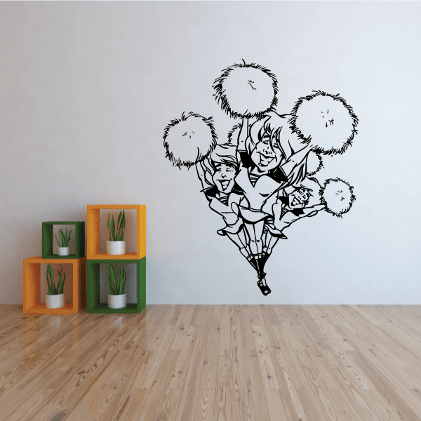 Cheerleading wall decal vinyl of cartoon cheerleader holding pom poms, black and white
