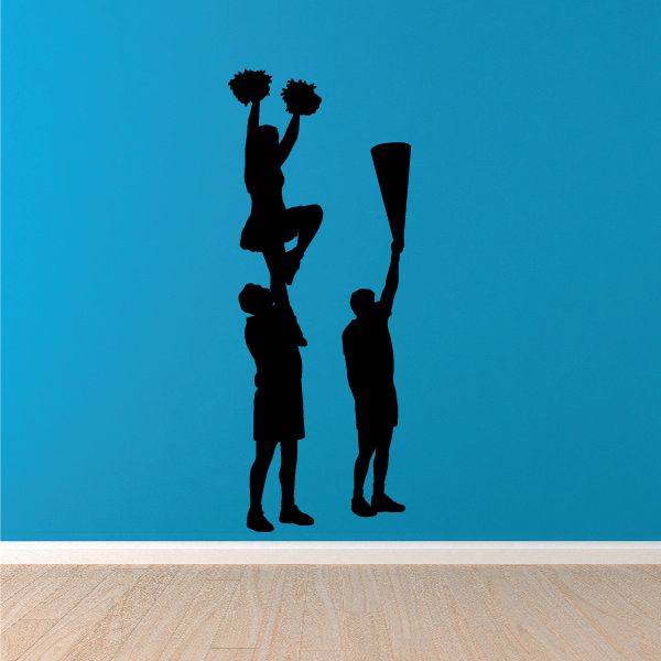 Cheerleading vinyl wall decal, two black cheerleader silhouettes with pom-poms and megaphone
