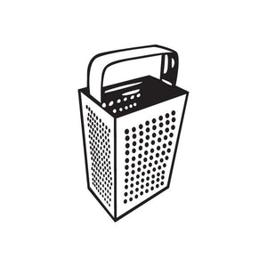 Black cheese grater decal with dotted grating side panels and top handle