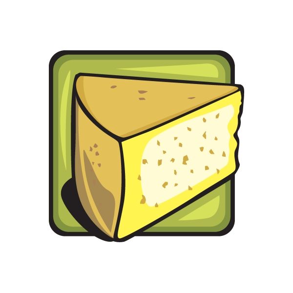 Cheese wheel slice sticker, yellow triangular cheese with holes on green base