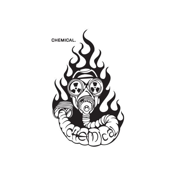 Graffiti gas mask decal with flames and CHEMICAL text, black and white