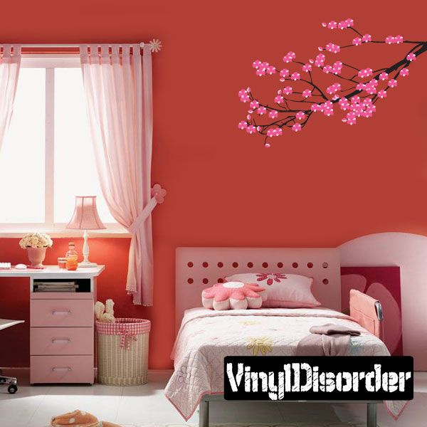 Cherry blossom tree branch wall decal with pink flowers on dark branches