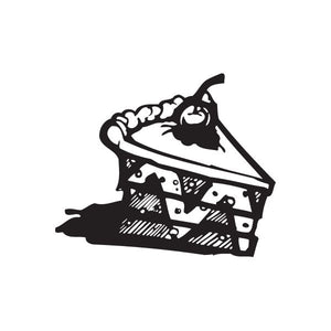 Black decal of a cat resting on a cherry pie slice