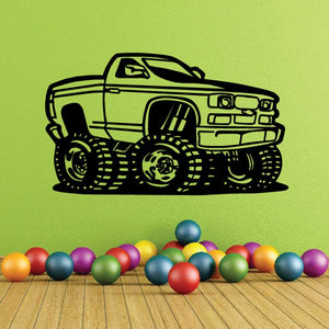 Cartoon monster truck decal, green with black outline, side view