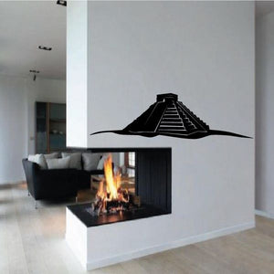 Aztec pyramid wall decal in black with stepped temple shape above a fireplace