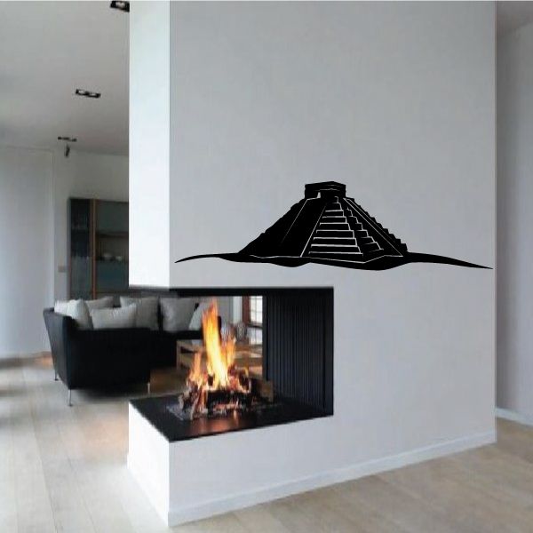 Aztec pyramid wall decal in black with stepped temple shape above a fireplace