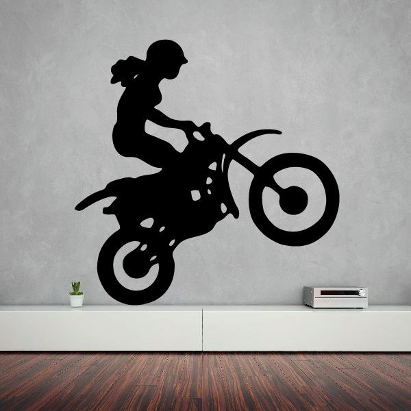Chick biker decal, black silhouette of a rider on a dirt bike