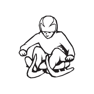 Child luge rider decal with helmeted racer in black-and-white illustration