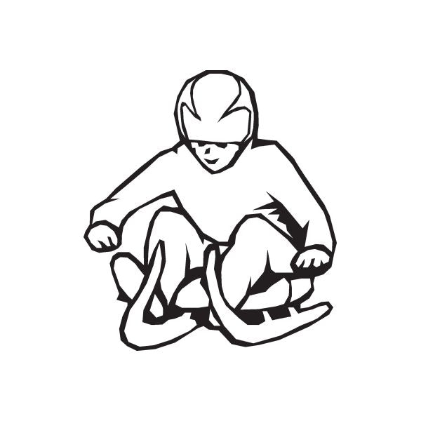 Child luge rider decal with helmeted racer in black-and-white illustration