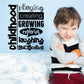 Playtime wall decal with stacked words: playing, creating, growing, exploring, laughing, dreaming