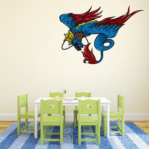 Blue dragon sticker with red wings and gold horn details