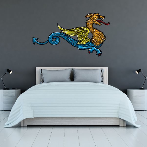 Mythical beast feather sticker, gold and blue with red mouth