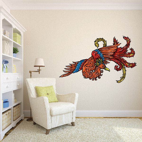 Multicolor phoenix wall sticker with red and blue wings, ornate curl details