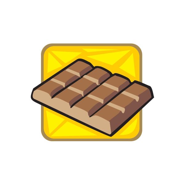 Chocolate bar sticker with illustrated dark chocolate squares on yellow background