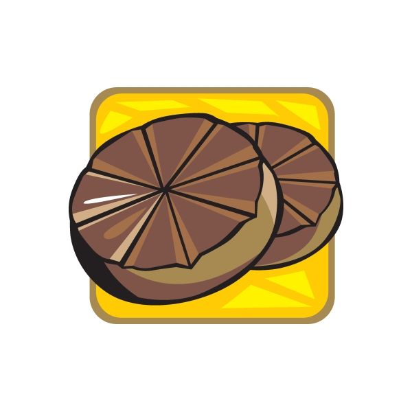 Chocolate sticker with two segmented brown chocolate slices on a yellow square