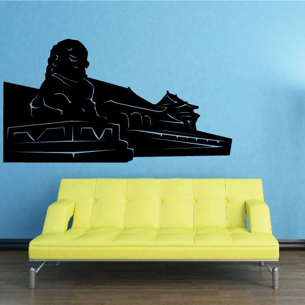 Temple silhouette wall decal, black line art with stepped platform and figure