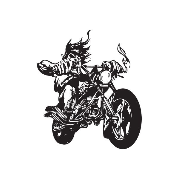 Chopper wall decal of a black motorcycle with a flame-haired rider
