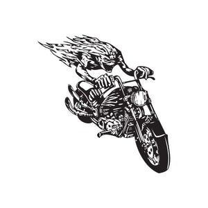 Black chopper motorcycle wall decal with flame and banner-style line art