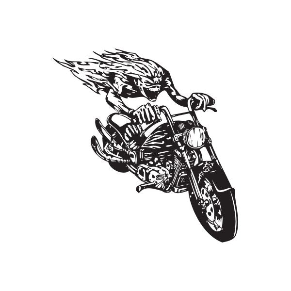 Black chopper motorcycle wall decal with flame and banner-style line art