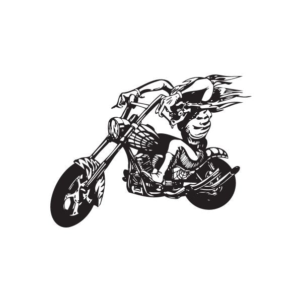 Vinyl wall decal of a black-and-white chopper motorcycle rider on bike