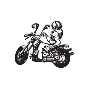 Black motorcycle wall decal of chopper bike with rider and helmet