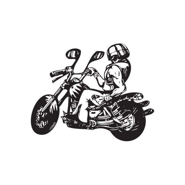 Black motorcycle wall decal of chopper bike with rider and helmet