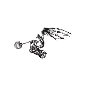 Chopper wall decal, black and white motorcycle with rider and front wheel emblem.