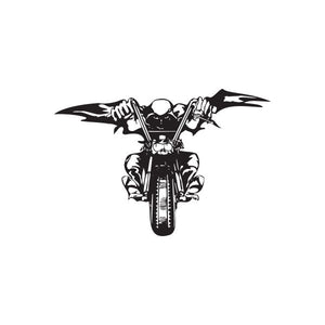 Motorcycle chopper wall decal in black and white vinyl, centered bike with wings