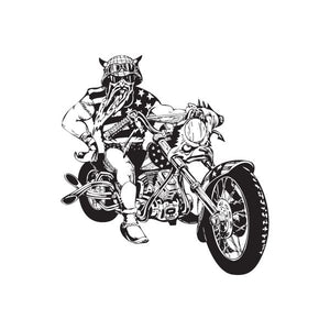 Motorcycle rider wall decal, black and white graphic of biker on bike with stars