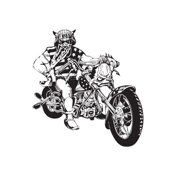 Motorcycle rider wall decal, black and white graphic of biker on bike with stars