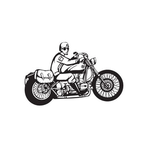 Motorcycle rider wall decal on bike, black and white vinyl sticker