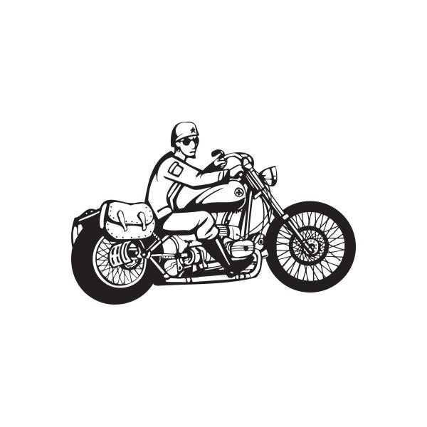 Motorcycle rider wall decal on bike, black and white vinyl sticker