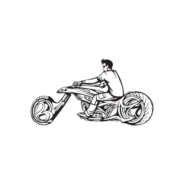 Motorcycle wall decal of a rider on a black chopper bike, line art
