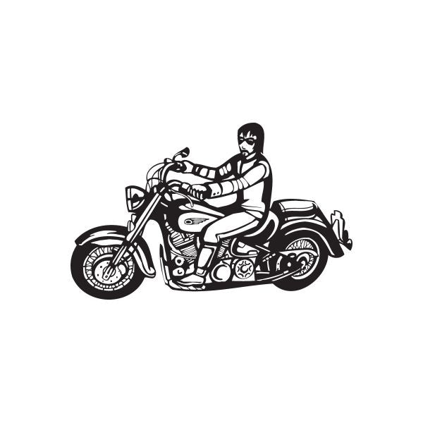 Motorcycle wall decal featuring a rider on a black vinyl graphic