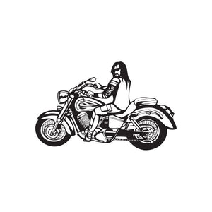 Vinyl wall decal of a woman driving a motorcycle in black line art