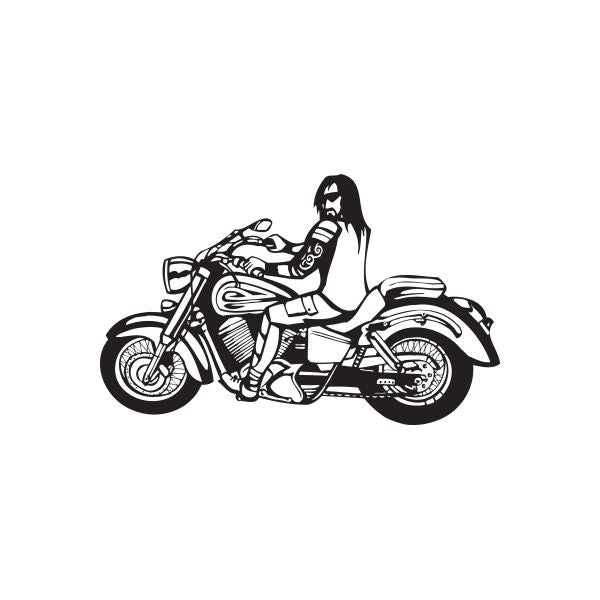 Vinyl wall decal of a woman driving a motorcycle in black line art
