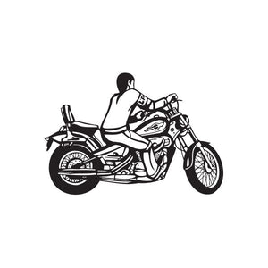 Chopper wall decal of a black motorcycle with rider, vinyl silhouette