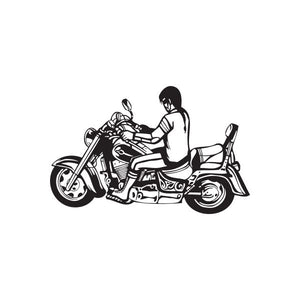 Black vinyl wall decal of rider on chopper motorcycle, side profile