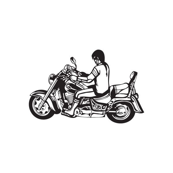 Black vinyl wall decal of rider on chopper motorcycle, side profile